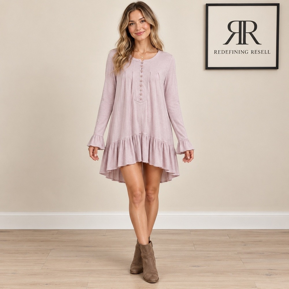 Free People Lilac Henley Ruffle Tunic Top Long Sleeve Pintuck Pleat Small
